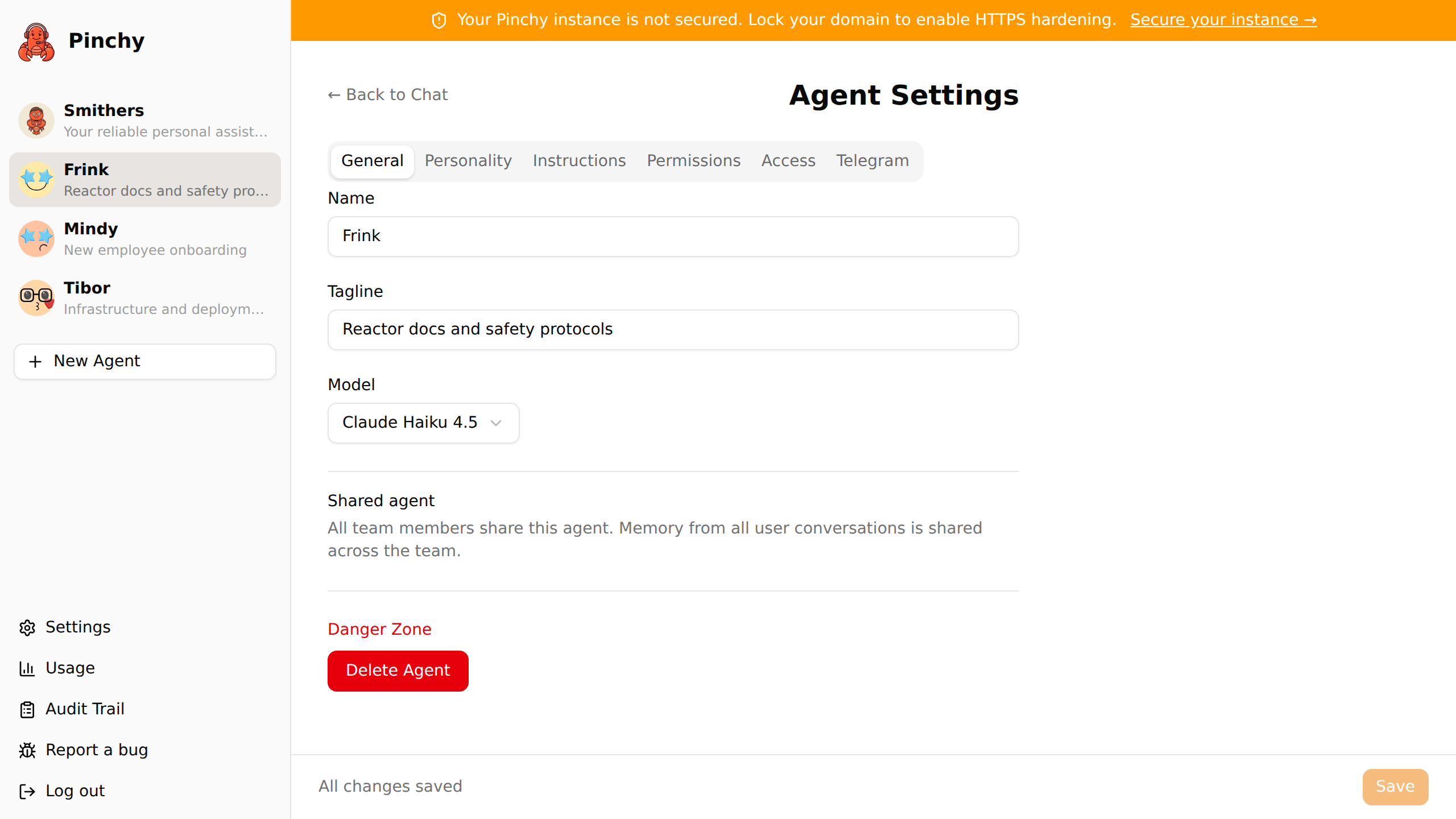 Pinchy agent management — configure name, tagline, and model