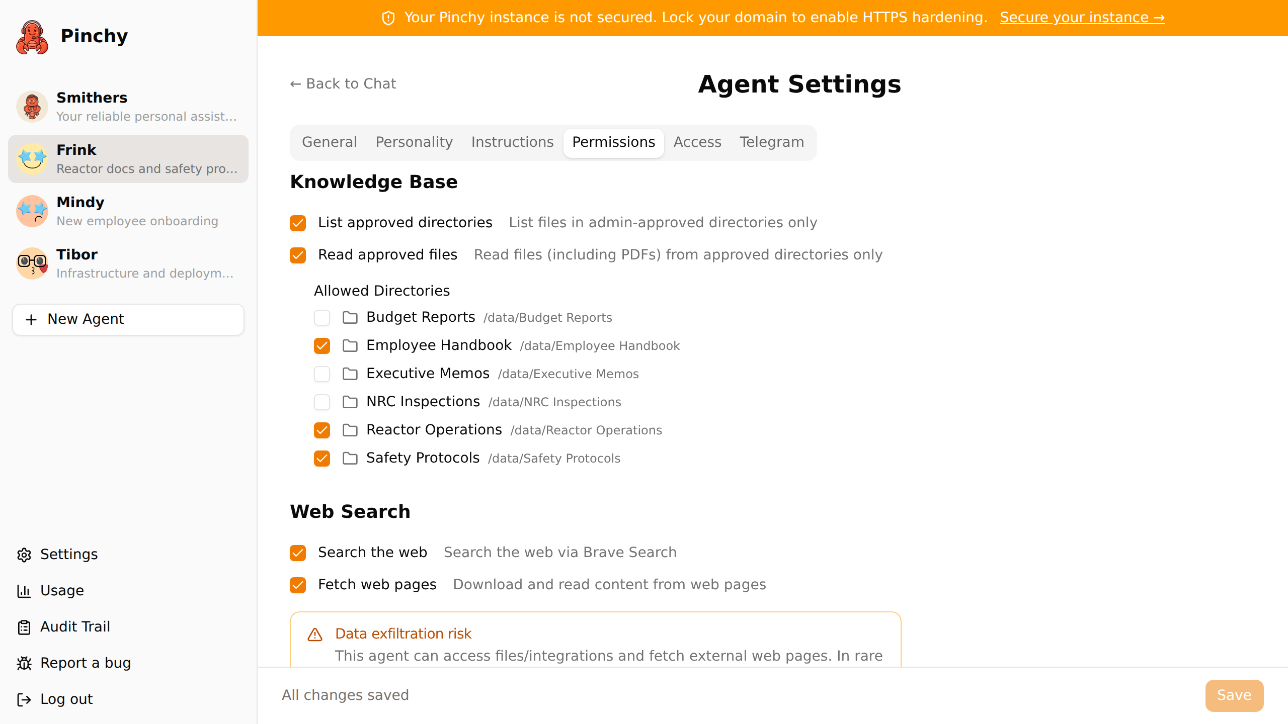 Pinchy agent permissions — allow-list with directory scoping