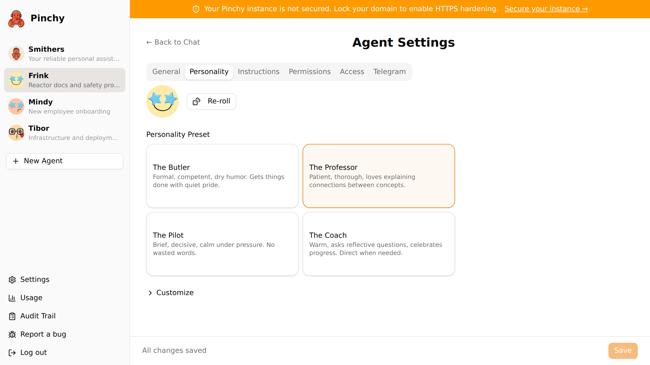 Pinchy agent personality configuration with SOUL.md editor