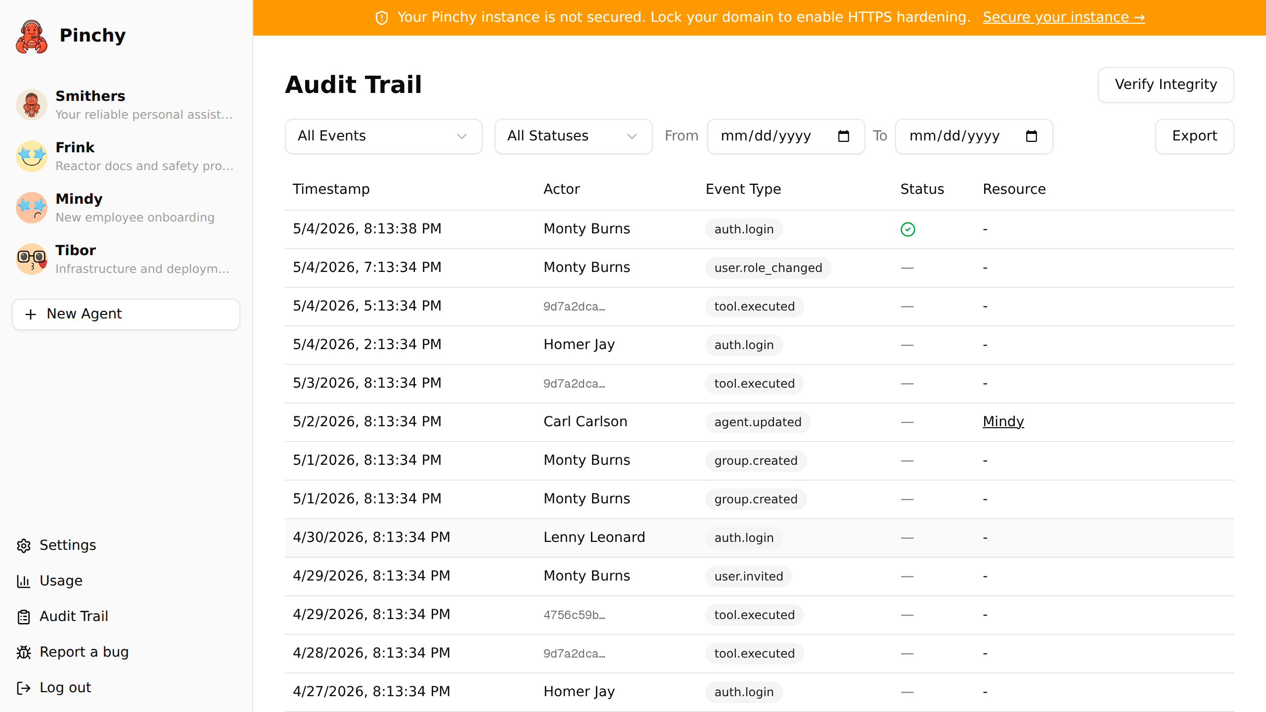 Pinchy audit trail — cryptographic log of all agent actions