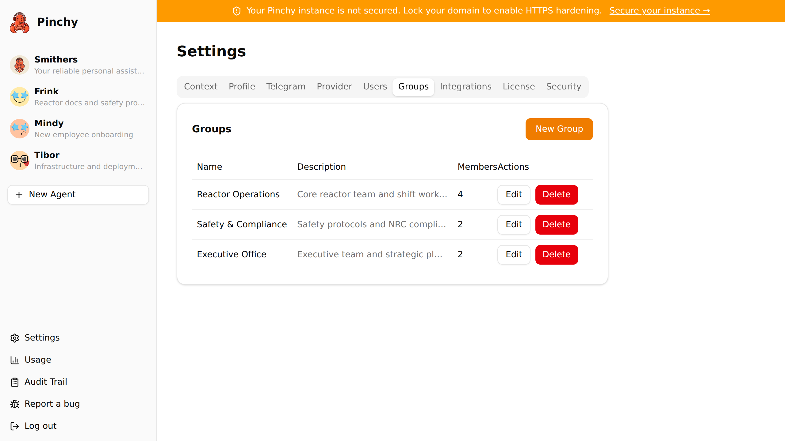 Pinchy groups — team-based agent access control