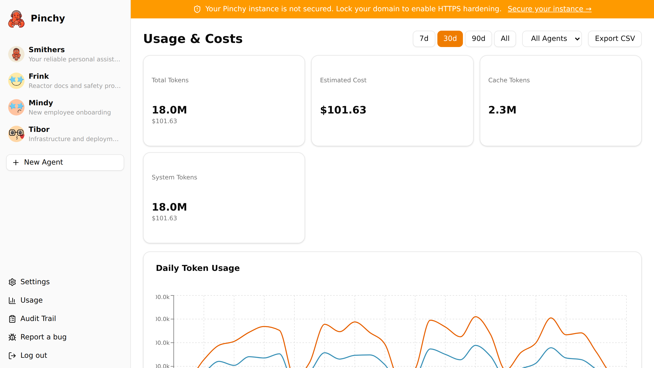 Pinchy usage dashboard — token consumption by source, with cache reads and writes