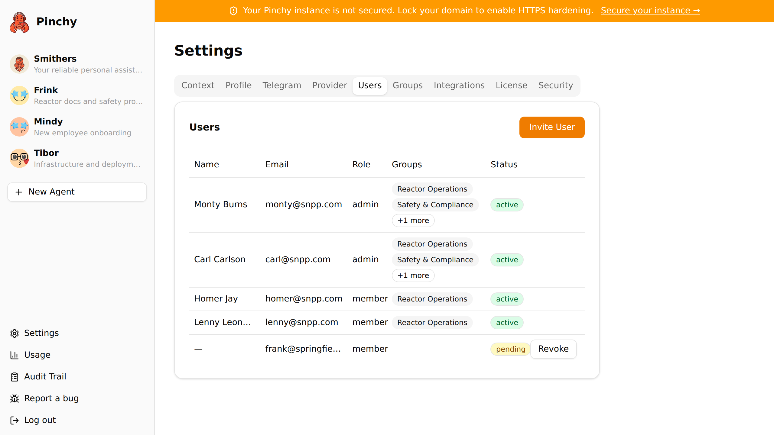 Pinchy user management — team members with roles